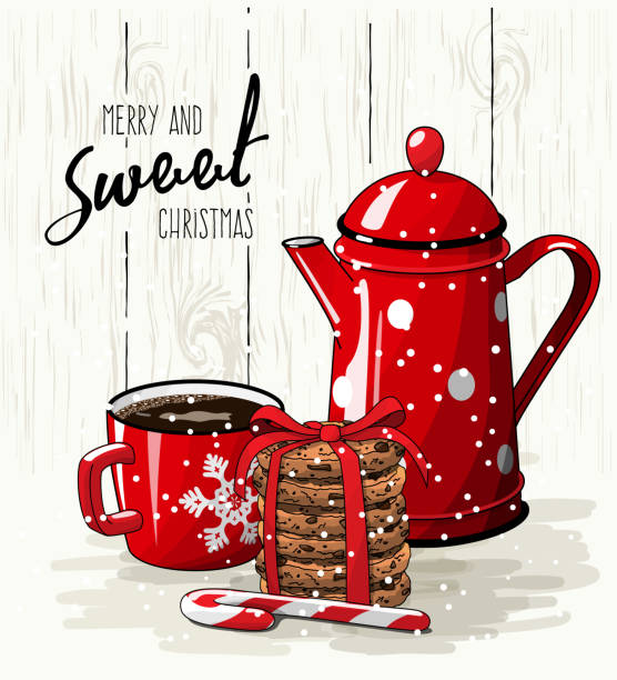 weihnachten thema, rote tasse kaffee, stapel von cookies und teekanne, abbildung - shortbread stock-grafiken, -clipart, -cartoons und -symbole