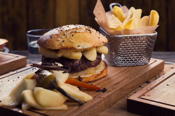Pear burger with a Basket of Fries