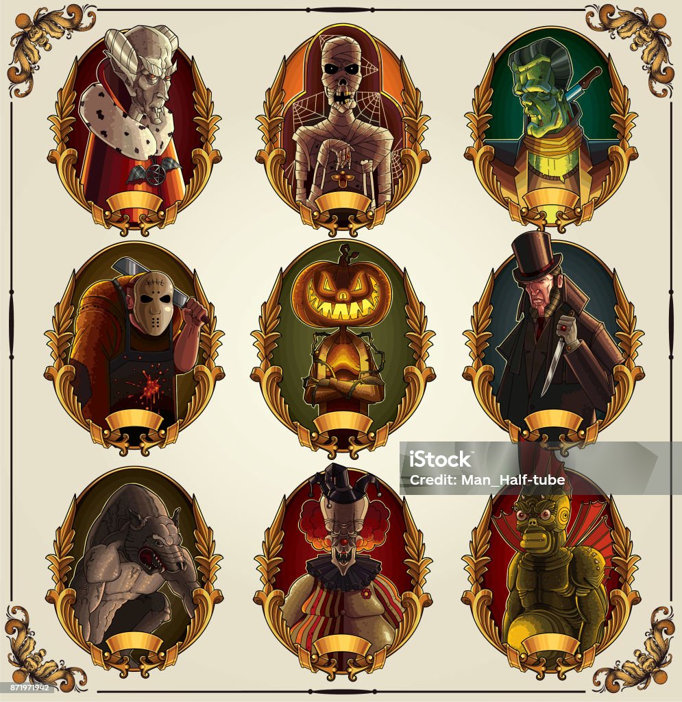 Halloween monsters Set of classic horror heroes Halloween stock vector