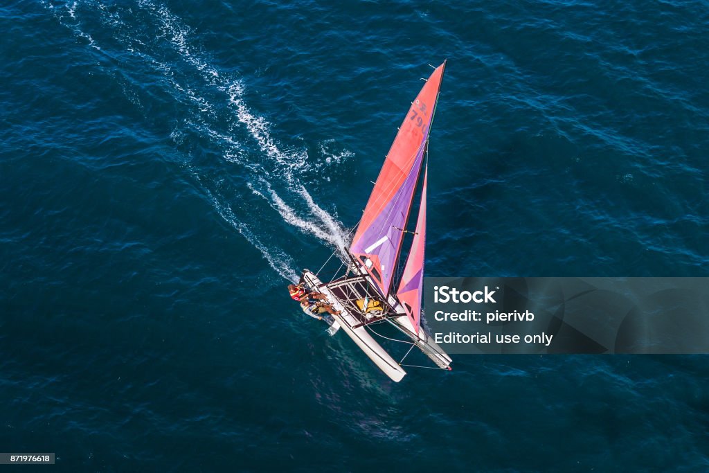 Hobie cat Nosy Be, Madagascar, June 26, 2017: Two sailors sailaing their hobie cat in the Indian Ocean Catamaran Stock Photo