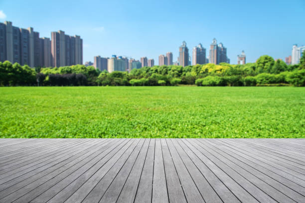 istock Wooden platform and modern city central park abstract background 871977740