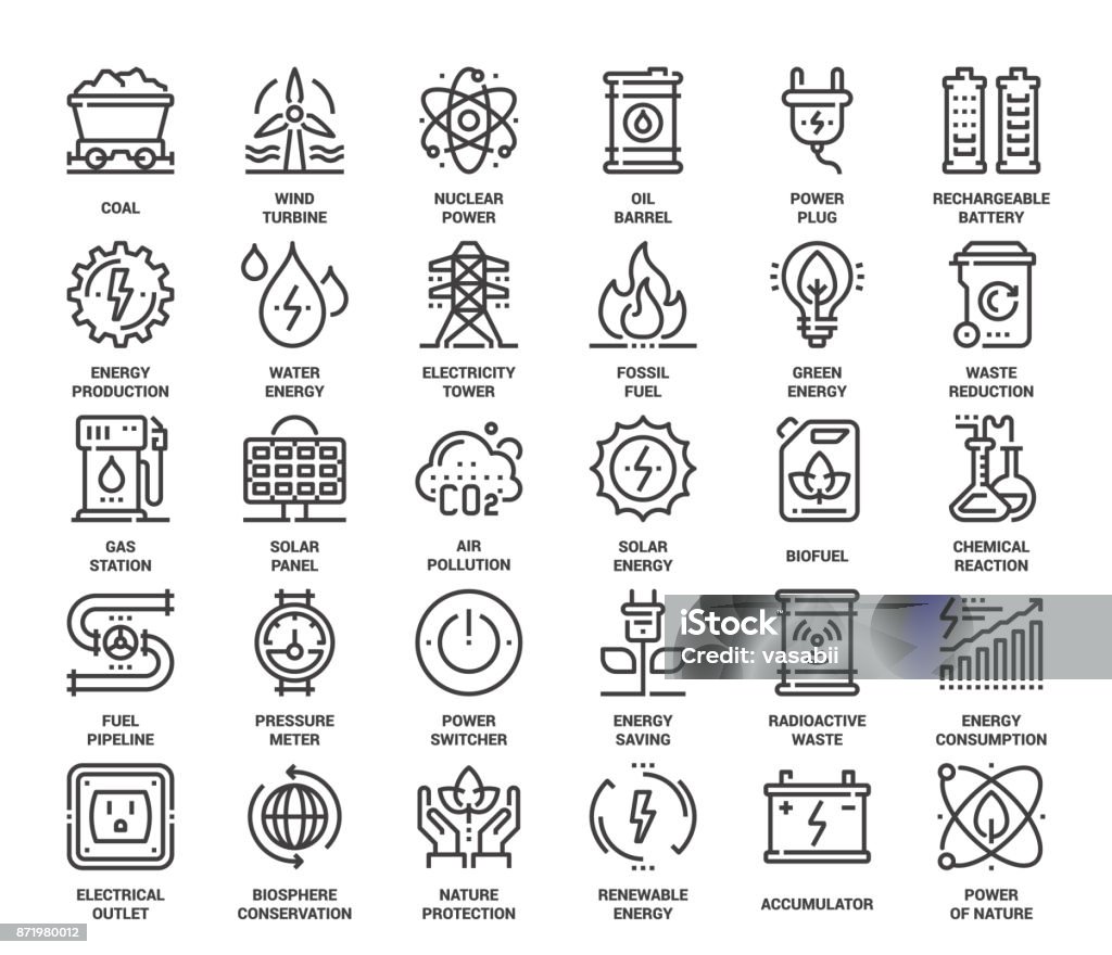 Power and Energy Vector set of power and energy flat line web icons. Each icon with adjustable strokes neatly designed on pixel perfect 48X48 size grid. Fully editable and easy to use. Icon Symbol stock vector