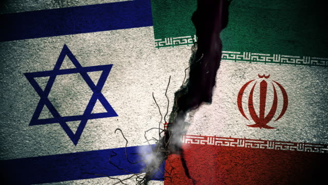 Israel vs Iran Flags on Cracked Wall
