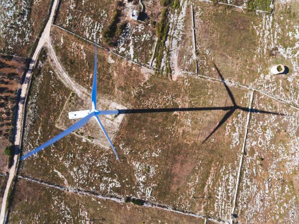 istock Wind turbine and shadow aerial view 871985688