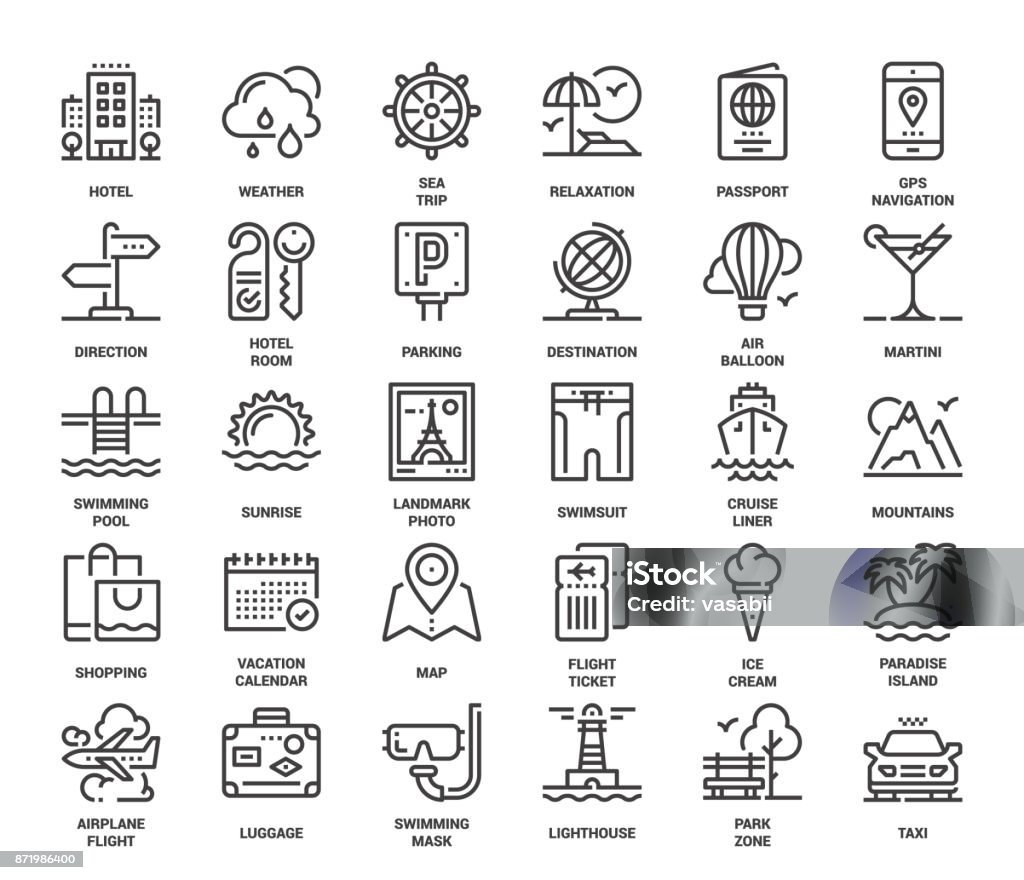 Travel and Vacation Vector set of travel and vacation flat line web icons. Each icon with adjustable strokes neatly designed on pixel perfect 48X48 size grid. Fully editable and easy to use. Icon Symbol stock vector