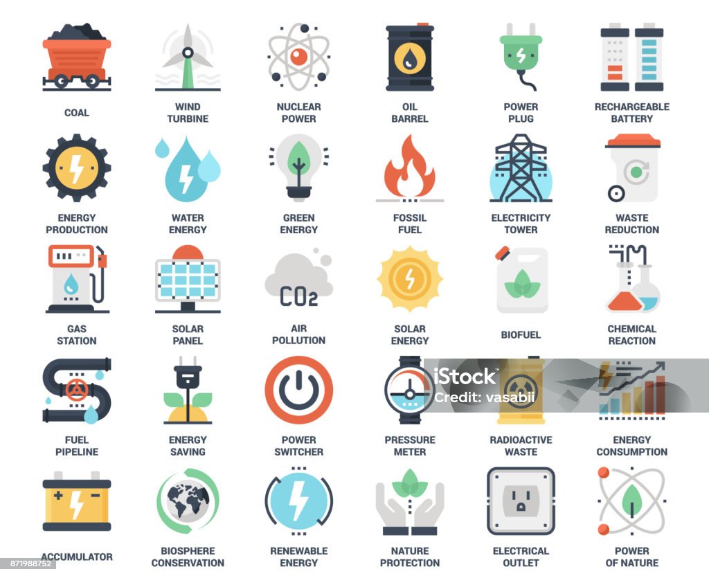 Power and Energy Vector set of power and energy flat web icons. Each icon neatly designed on pixel perfect 48X48 size grid. Fully editable and easy to use. Icon Symbol stock vector