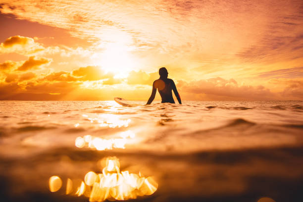 mulher de surf na onda do mar esperando no pôr do sol ou nascer do sol. inverno para surfar no oceano - surfing surfboard summer heat - fotografias e filmes do acervo