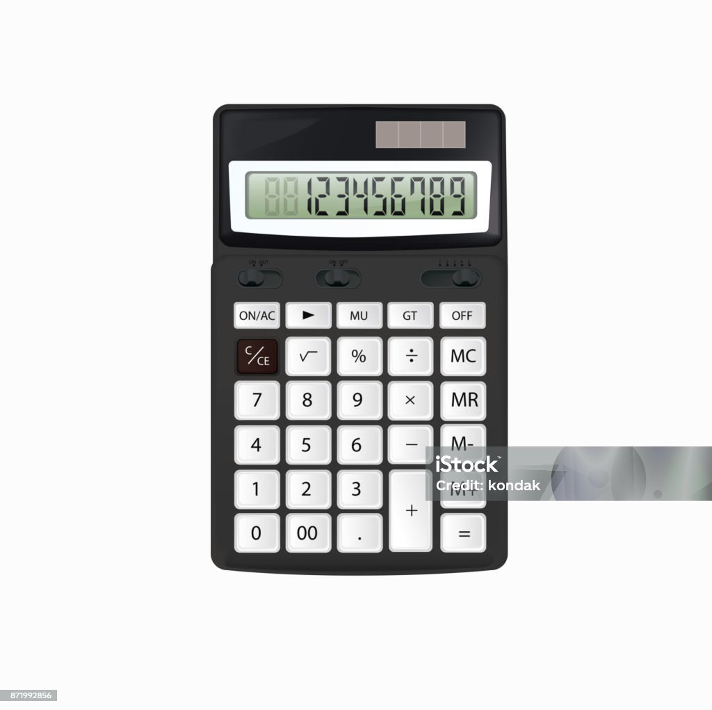 Realistic vector black calculator with white buttons isolated on white background. Realistic vector black calculator isolated on white background Calculator stock vector