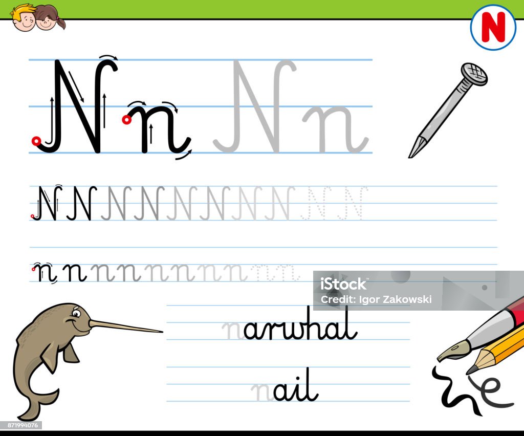 How To Write Letter N Worksheet For Kids Stock Illustration - Download  Image Now - Alphabet, Animal, Calligraphy - iStock