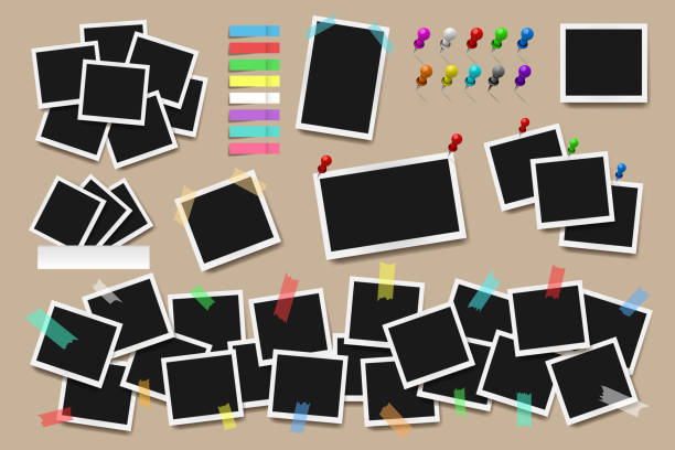 istock Set of realistic square frames, pins and paper stickers on beige background. Vector illustration 872001458