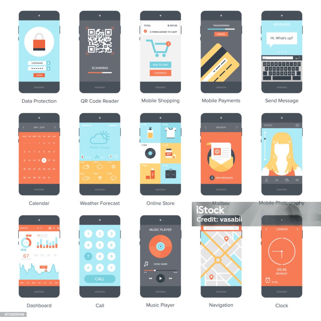 Mobile UI set Flat vector collection of modern mobile phones with different user interface elements. Mobile App stock vector