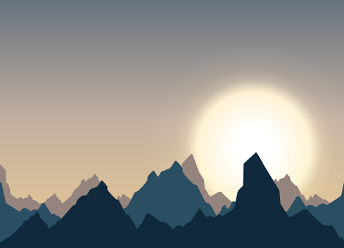 Horizontal panorama of beautiful sunrise in the mountains. Vector illustration.