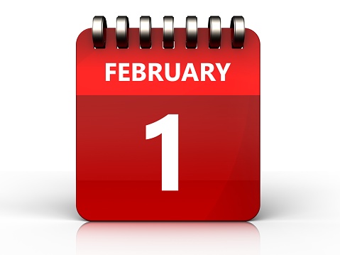 3d illustration of february 1 calendar over white background