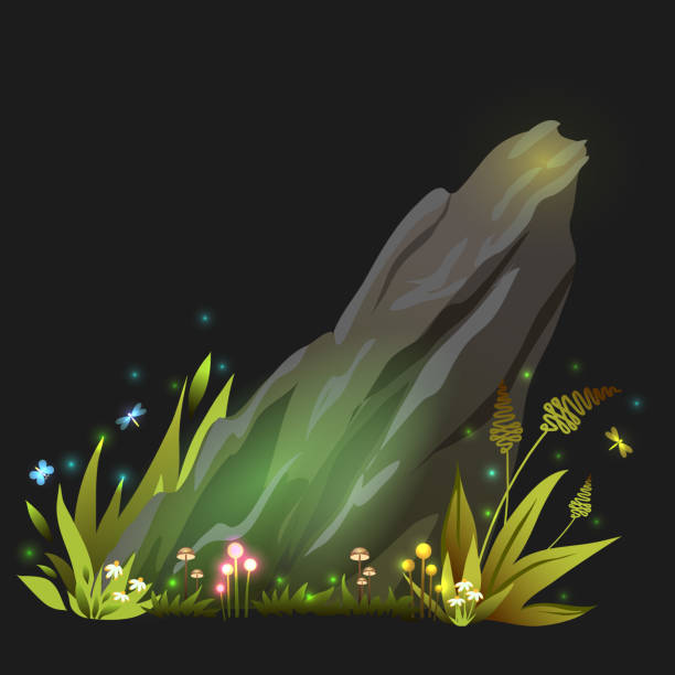 Vector fantasy rock, stone with grass, mushroom and incects vector art illustration