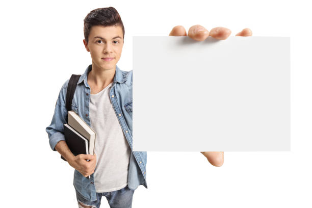 Teenage student showing a blank card