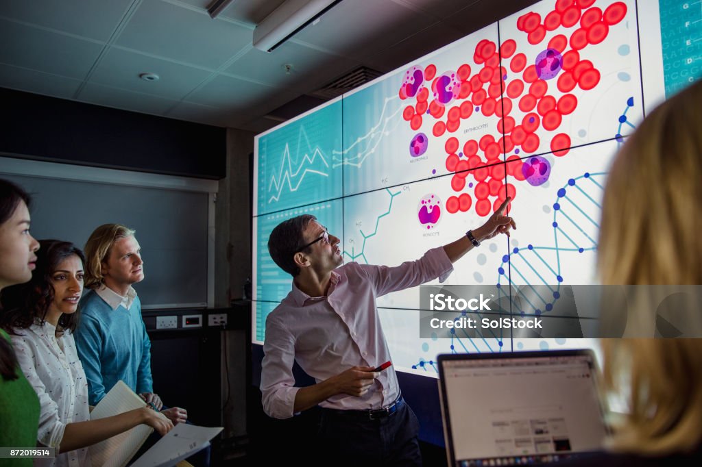 Learning about DNA Phenotyping Group of business professionals in a dark room standing in front of a large data display screen with information. Healthcare And Medicine Stock Photo