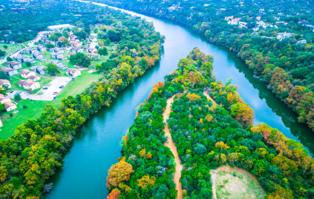 istock The Colorado river splits into a Y shape at Red Bud Isle Fall comes to Austin Texas 872025966