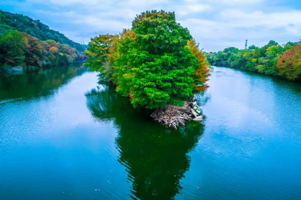 Photo of Aerial view at the tip of the Peninsula at Red Bud Isle autumn landscape Fall comes to Austin Texas