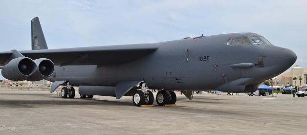 Tampa, USA - March 18, 2016: A U.S. Air Force B-52 Stratofortress Bomber on the runway at MacDill Air Force Base.