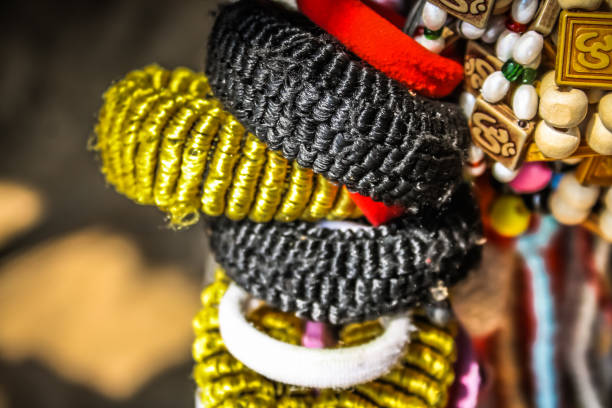 Colorful plastic hair elastics set on beautiful background.