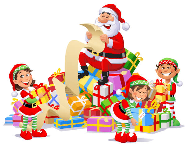 Santa Claus And Elves With A Pile of Christmas Presents Vector Illustration of Santa Claus sitting on a big pile of Christmas presents reading a long wish list. Three cute Christmas elves are helping him. santas helpers stock illustrations