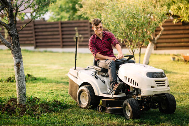 istock male worker using lawnmower for landscaping works. Motorised agriculture concept 872037678