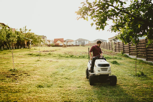istock landscaping works. Male worker riding a tractor grass trimmer 872038114