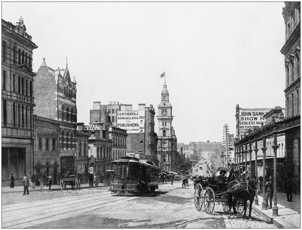 Antique photograph of World's famous sites: Melbourne Antique photograph of World's famous sites: Melbourne carriage photos stock illustrations