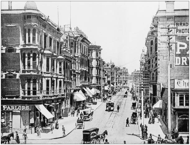 Antique photograph of World's famous sites: San Francisco Grant Avenue Antique photograph of World's famous sites: San Francisco Grant Avenue san francisco california stock illustrations