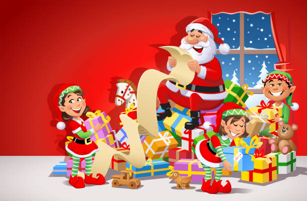 Santa And Christmas Elves Preparing For Christmas Vector Illustration of Santa Claus sitting on a big pile of Christmas presents reading a long wish list in front of a window . Three cute Christmas elves are helping him. santa claus elf assistance christmas stock illustrations