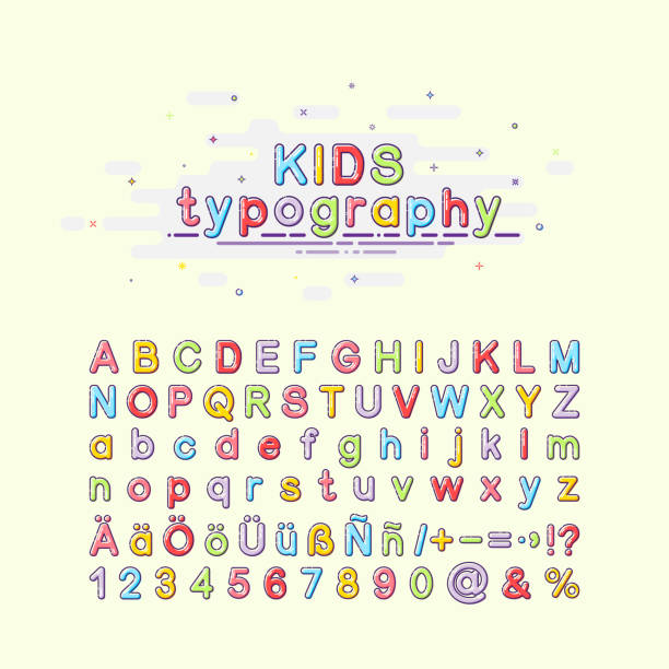 illustrations, cliparts, dessins animés et icônes de polices pour enfants dans le style de mbe. typographie d’enfants colorés. illustration vectorielle d’un alphabet. lettres anglais, allemand et espagnol. - child alphabetical order writing alphabet