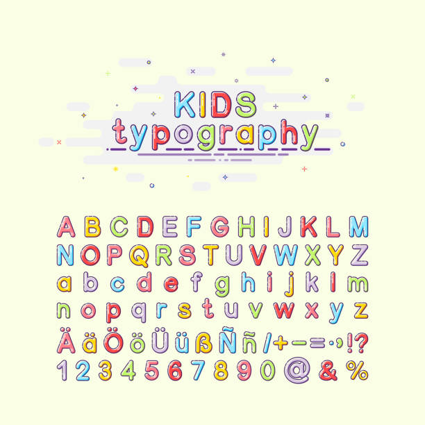 mbe スタイルで子供のフォントです。カラフルな子供のタイポグラフィ。アルファベットのベクター イラストです。英語、ドイツ語、スペイン語の手紙。 - behavior color image characters shiny点のイラスト素材／クリップアート素材／マンガ素材／アイコン素材