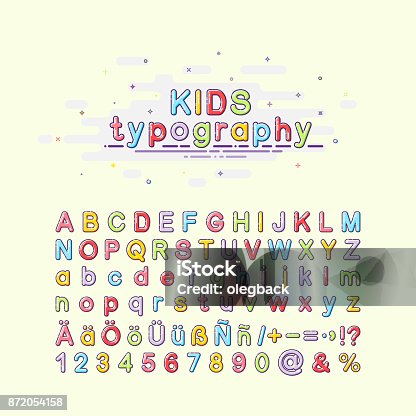 istock Children's font in the mbe style. Colorful kids typography. Vector illustration of an alphabet. English, German and Spanish letters. 872054158