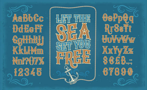 White serif font, alphabet, numbers and symbols Vector retro white serif font, the Latin alphabet, numbers and symbols on blue background in frame from the ships anchor and rope. Vintage signboard for yacht club, advertising of sailing competitions alphabet borders stock illustrations
