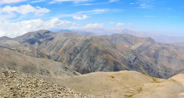 View from the summit of Mountain Babadag (3629 m) in Azerbaijan, toward Mount Shahdag (4243m) and Mount Bazarduzu (4466m) peaks in the distance.