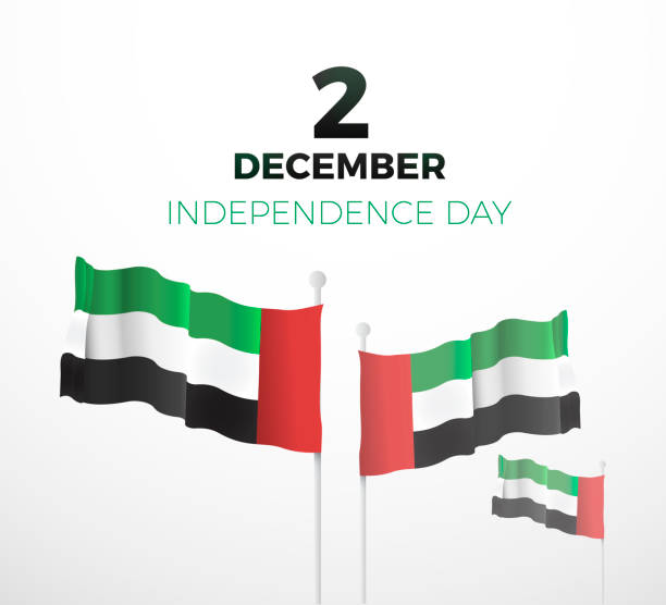 illustrazioni stock, clip art, cartoni animati e icone di tendenza di giornata nazionale degli emirati arabi uniti il 2 dicembre. illustrazione vettoriale dell'evento uae. testo e bandiere sventolanti - united arab emirates flag united arab emirates flag interface icons