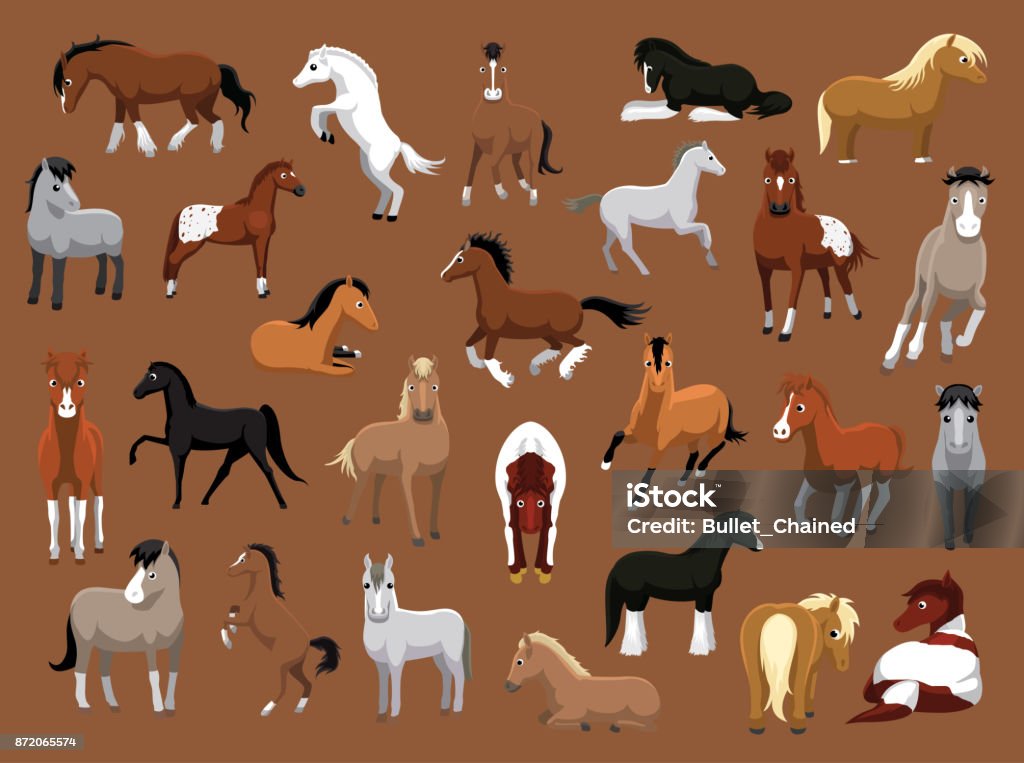 Various Horse Poses Cartoon Vector Illustration - Royalty-free Cavalo - Família do Cavalo arte vetorial