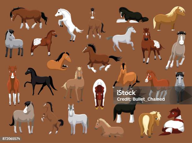 Various Horse Poses Cartoon Vector Illustration - Arte vetorial de stock e mais imagens de Cavalo - Família do Cavalo - Cavalo - Família do Cavalo, Pónei, Ilustração