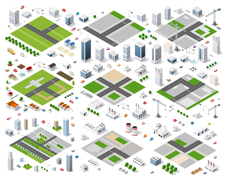 Set of isometric modules for construction and constructing the urban area of the city infrastructure with transport, streets, houses and trees