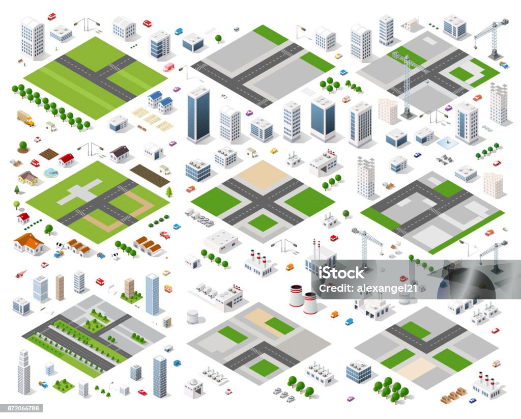 Urban area of the city Set of isometric modules for construction and constructing the urban area of the city infrastructure with transport, streets, houses and trees Isometric Projection stock vector