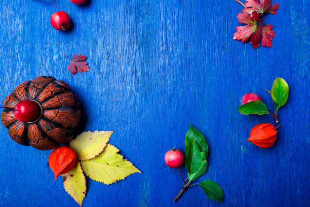 istock Thanksgiving Day frame. Leaves, pumpkin  and small apple around on wooden blue rustic background. Top view. Copy space. Flat lay. 872066898