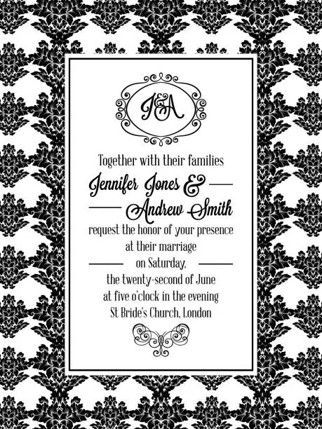 Vector illustration of Damask victorian brocade pattern design for wedding invitation in black and white. Floral swirls royal frame and exquisite monogram