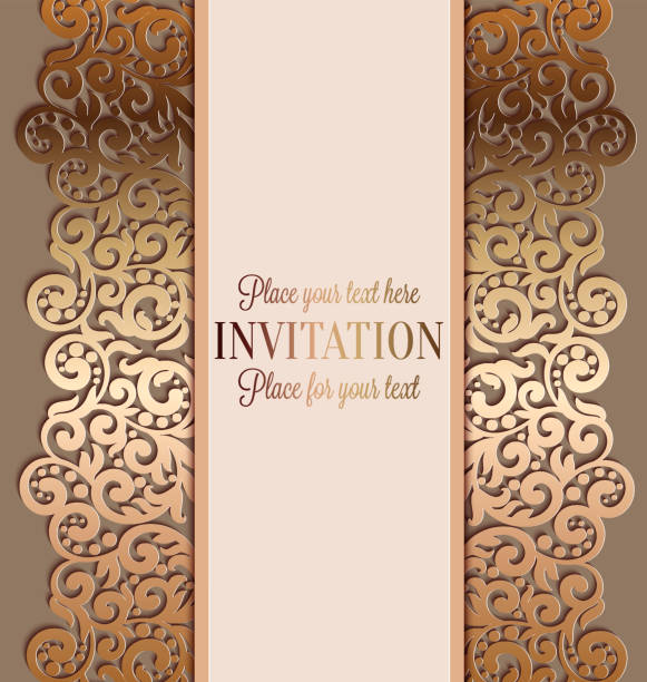 ilustraciones, imágenes clip art, dibujos animados e iconos de stock de invitación de boda de lujo, oro en beige de antiguos - gold antique old fashioned retro revival