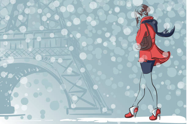Guy in a winter Moscow Young attractive man dressed in a sheepskin coat and fur hat with ear-flaps is walking down the Red Square in Moscow holding a phone. EPS10 vector illustration. eiffel tower winter stock illustrations