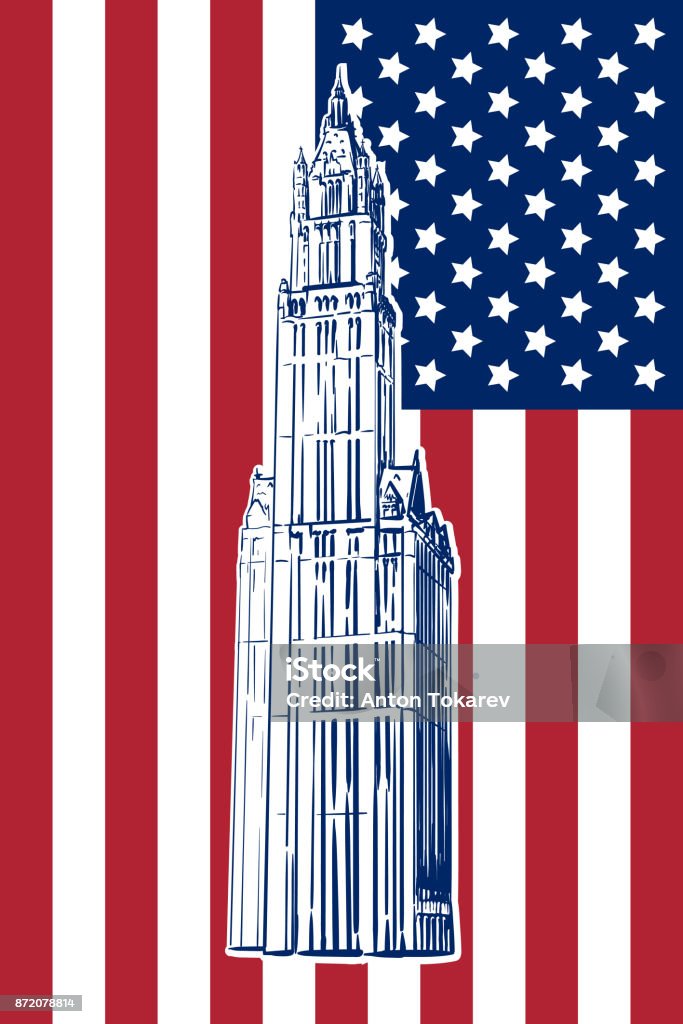 Woolworth building sketch on US flag Famous neo-gothic wonder of New York - Woolworth building drawn in a simple sketch style. Isolated contour on USA national flag background. EPS8 vector illustration. American Culture stock vector