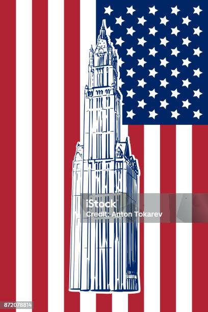 Woolworth Building Sketch On Us Flag Stock Illustration - Download Image Now - American Culture, American Flag, Architecture