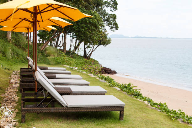 istock Outdoor beach chairs and yellow umbrellas 872078822