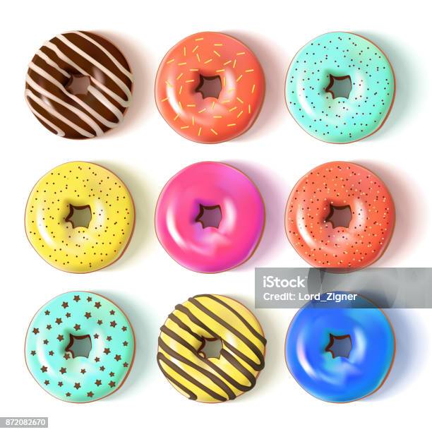 Glasierte Farbige Donuts Set 3d Vektorillustration Stock Vektor Art und mehr Bilder von Dreidimensional