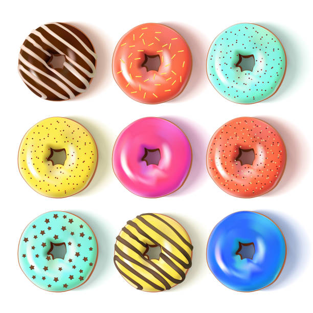 ilustraciones, imágenes clip art, dibujos animados e iconos de stock de donuts de colores esmaltados sistema 3d. ilustración de vector - honeyed