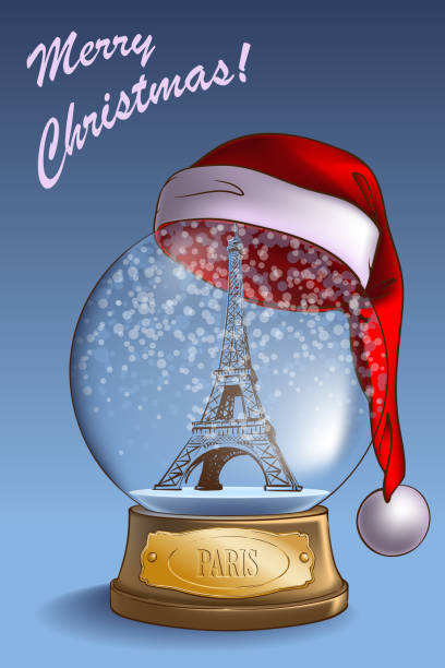 Snow Globe Paris A realistic Snow Globe with a sketchy Eiffel Tower model inside and Santa hat on top. Christmas greeting card  design. EPS10 vector illustration. eiffel tower winter stock illustrations